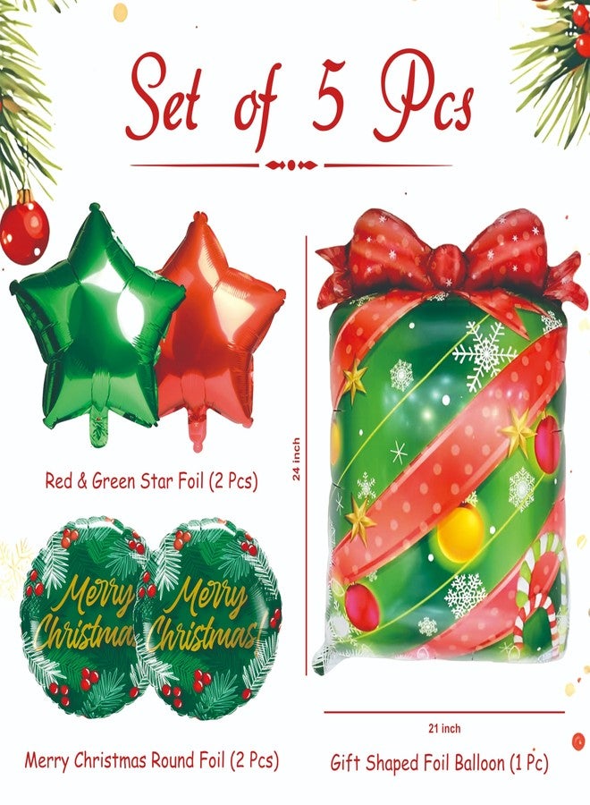 YOURS DECOR Christmas theme foil balloons set, pak of 5 pcs for chrsitmas decoration, santa theme decor, Xmas celebration, home decoration items (Green Gift foil) - Image 2
